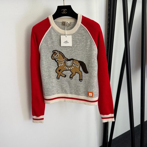 Hermes Red, Black Pearl Studded Pony-Embroidered Wool Sweater