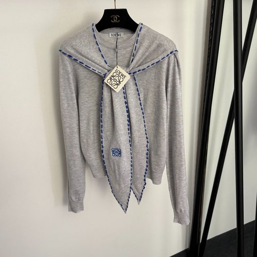 Loewe Logo Embroidery Shawl Wool Blend Long Sleeve Knit Top in Two Colors