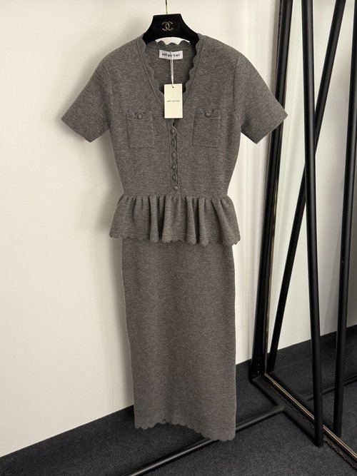 Self-Portrai Grey Fake Two-Piece Waist-Contracted V-Neck Knitted Dress