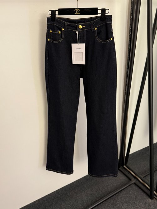 Chanel Blue Back Pocket Logo Embroidery High-Waist Straight Jeans