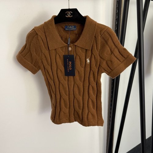 Polo Ralph Lauren Coffee, Blue & Red Polo Collar Knit Top with Horse Embroidery