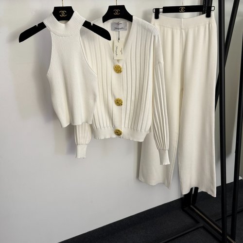 Schiaparelli Three-Piece Knit Set with Gold Buttons and V-Neck