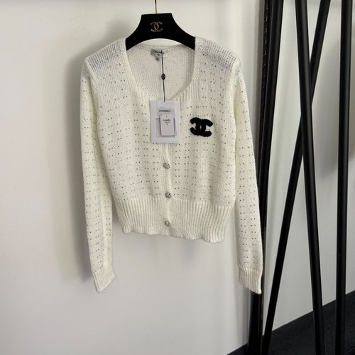 Chanel Small Logo Embroidered Sequined Square Neck Knit Open Front Top