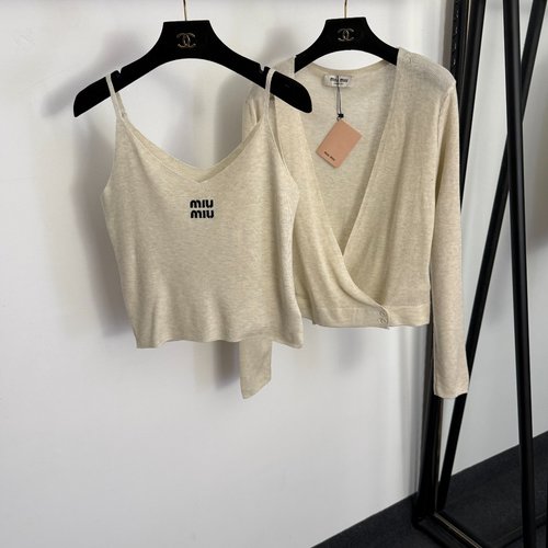 Miu Miu Wool Blend Long-Sleeve Cardigan with Letter Embroidery Sling Vest in Apricot and Black