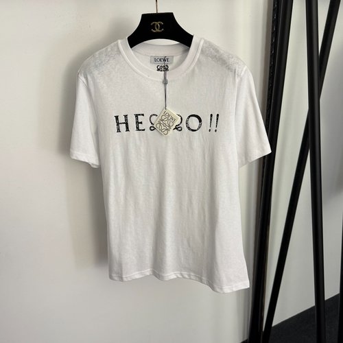 Loewe White & Navy Blue Short-Sleeve Bamboo Cotton T-Shirt with Logo Print