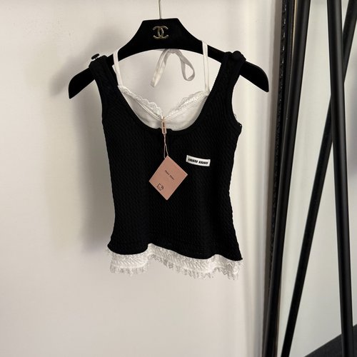 Miu Miu Neck Label Letter Lace-Trimmed Knit Camisole in 4 Colors