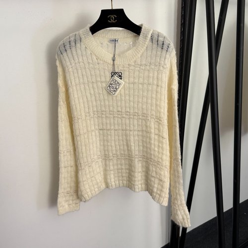 Loewe Logo Embroidery Wool Blend Long-Sleeve Knit Top in Apricot & Gray