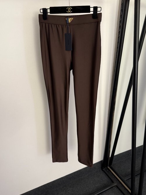 Prada Elastic Slimming Leggings with Golden Triangle Logo in Brown & Black