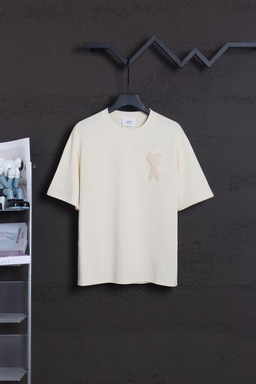 Ami Heavyweight 100% Double-Yarn Cotton T-Shirt in Apricot