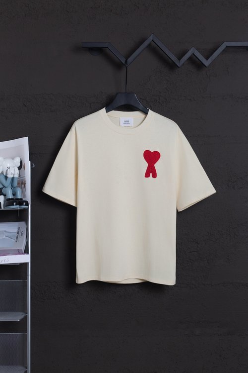 Ami Heavyweight 100% Double-Yarn Cotton T-Shirt in Apricot Red