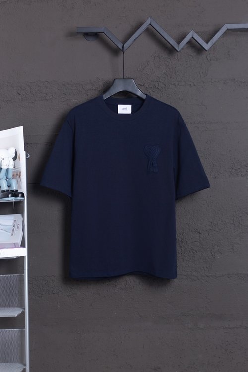 Ami Heavyweight 100% Double-Yarn Cotton T-Shirt in Navy Blue