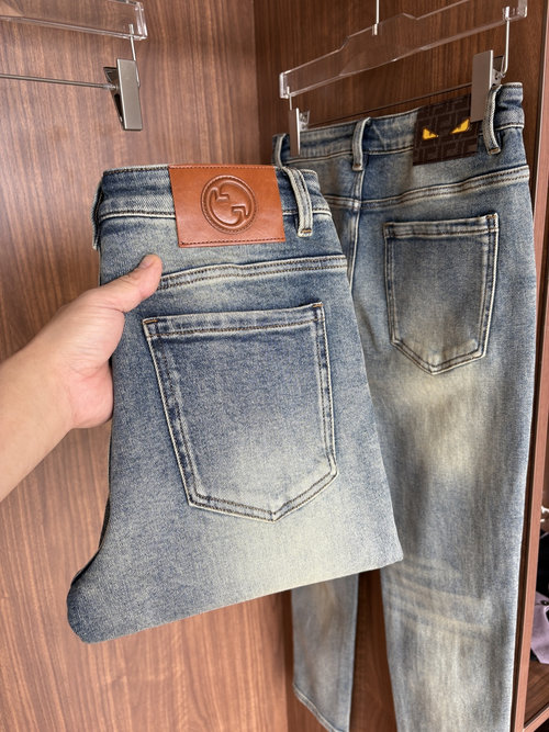 Fendi Soft Jeans with Leather Waist Tag, Classic Blue Wash