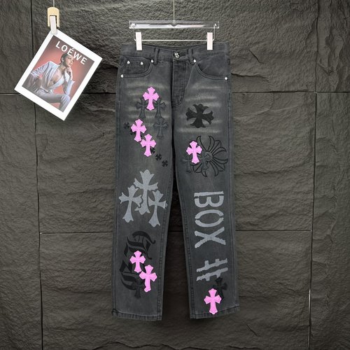 Chrome Hearts Durable Pink Cross Patchwork Denim Jeans