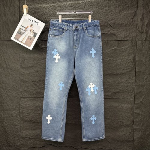 Chrome Hearts Blue Cross Embroidered Denim Jeans for Couples