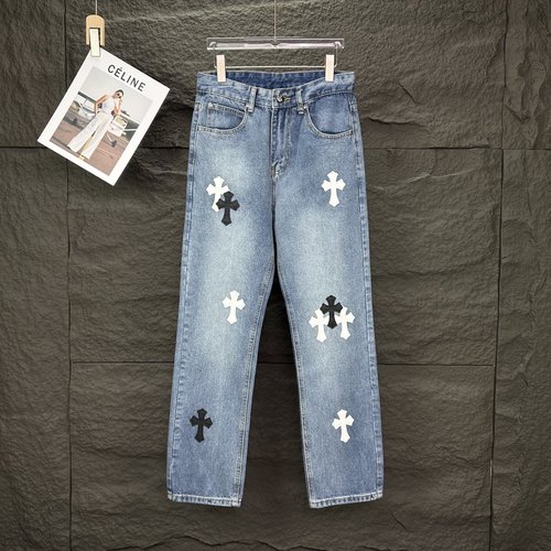 Chrome Hearts Black Cross Embroidered Denim Jeans for Couples