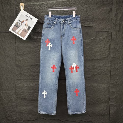 Chrome Hearts Red Cross Embroidered Denim Jeans for Couples