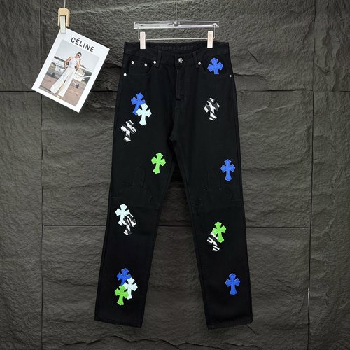 Chrome Hearts Flame Cross Patchwork Denim Jeans for Couples