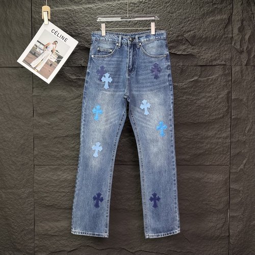 Chrome Hearts Blue Cross Patchwork Denim Jeans for Couples