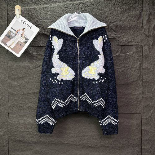 Louis Vuitton Dual Fish Embroidered Zip-up Knit Sweater