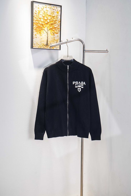 Prada Embroidered Knit Sweater Coat with Rich Texture