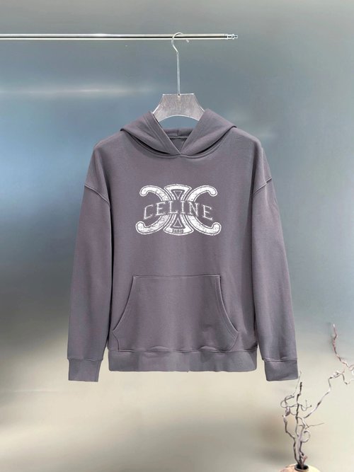 Celine Double-Layer Letter-Printed Sweatshirt with Kangaroo Pocket