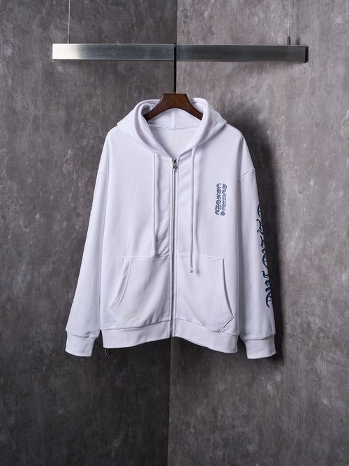 Chrome Hearts White Hoodie with Gothic Lettering and Blue Lines