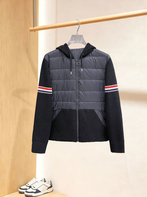 Thom Browne Knitted Spliced Down Hooded Jacket, Slimming