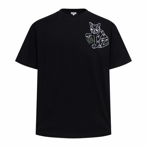 Loewe Embroidered Cat Motif Cotton Short Sleeve Tee Black