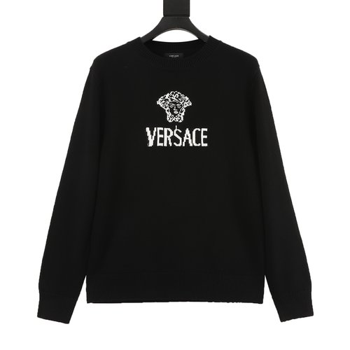 Versace Wool Blend Knit Sweater with Logo Jacquard