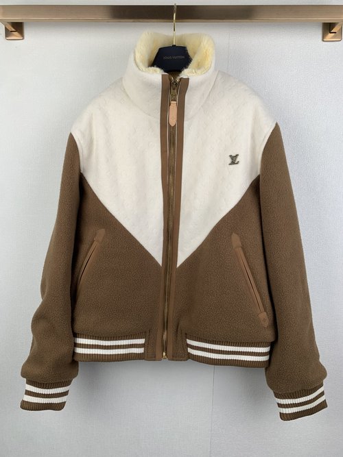 Louis Vuitton Wool Blend Jacket with Monogram Pattern & Faux Fur Collar