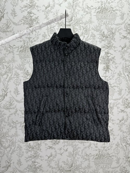 Dior Black Cotton Blend Down Vest with Oblique Print