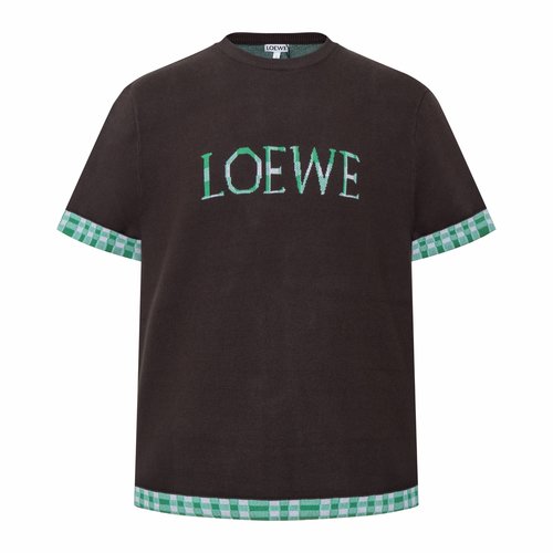 Loewe Brown Checked Roll-up Sleeve Wool Blend Knit Top