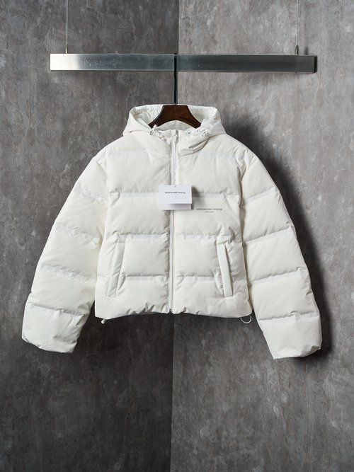 Alexander Wang Short Hooded Checked Down Jacket in Oxford Blue