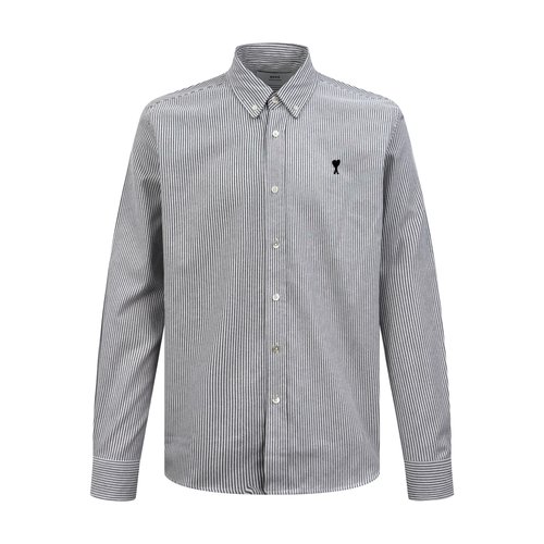 Ami Striped Long-Sleeve Shirt with Heart Embroidery & Oxford Fabric
