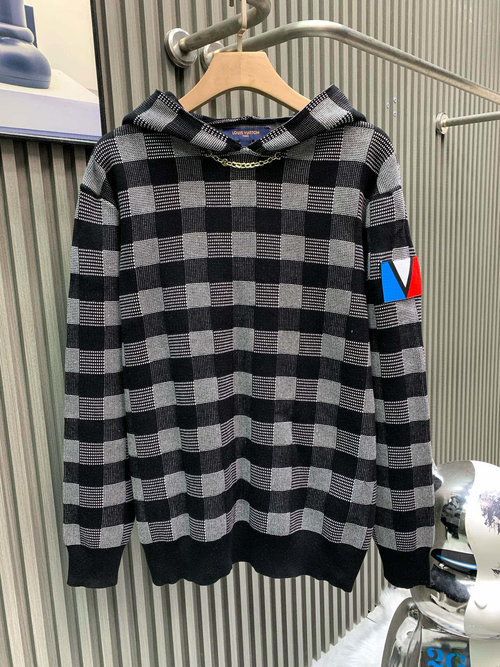 Louis Vuitton Chic Black and White Knitted Hoodie with Chain Detail