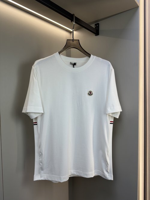 Moncler Short Sleeve T-Shirt with Wool Logo and Side Ribbing
