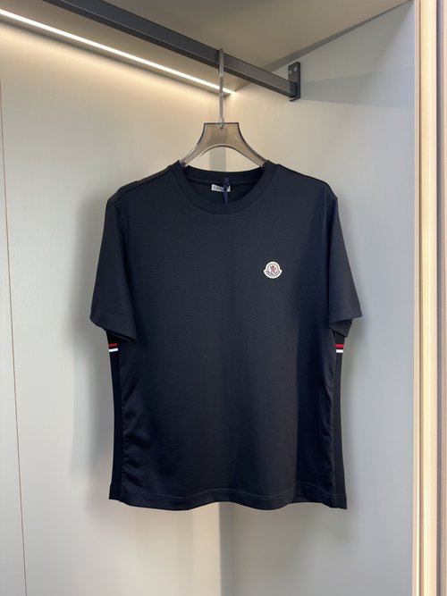 Moncler Short Sleeve T-Shirt with Wool Logo and Side Ribbing