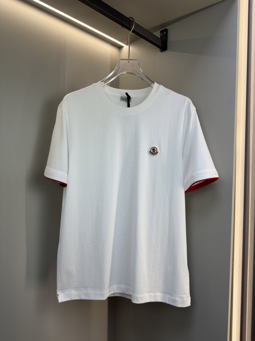 Moncler Short Sleeve T-Shirt with Red Trim, 100% Xinjiang Cotton