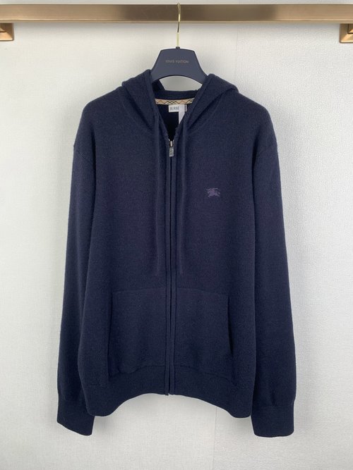Burberry Wool Blend Zipper Hooded Embroidered Coat