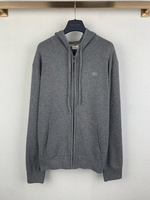 Burberry Wool Blend Zipper Hooded Embroidered Coat