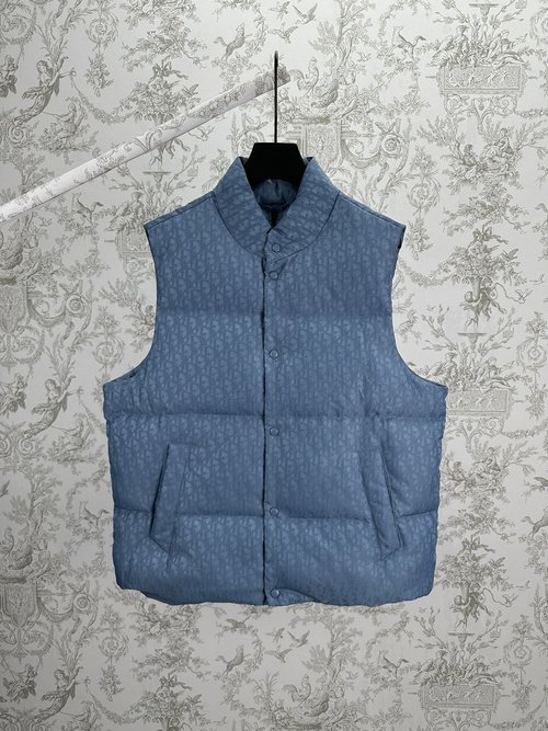 Dior Blue Cotton Blend Down Vest with Oblique Print