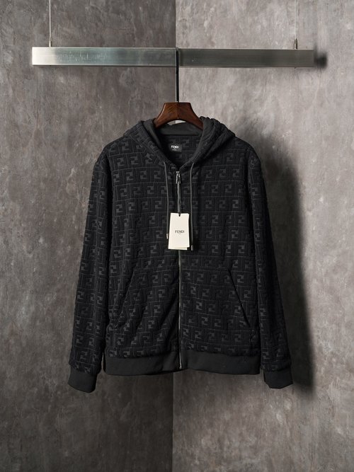 Fendi Embossed Fleece Zip Hoodie with Drawstring Detail