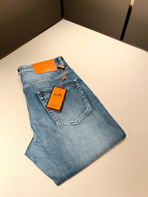 Hermes Denim Straight-Leg Jeans with Logo and Vintage Texture