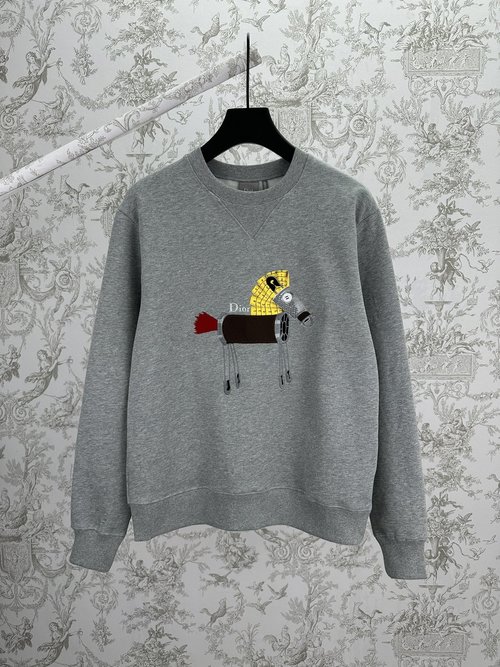 Dior Grey Fleece Hoodie with Pony Embroidery