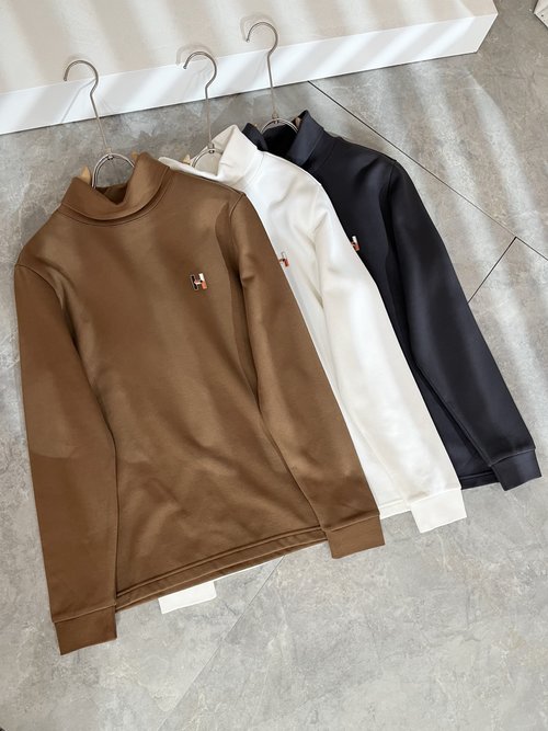 Hermes Warm Long-Sleeve High-Collar T-shirt with Logo Design