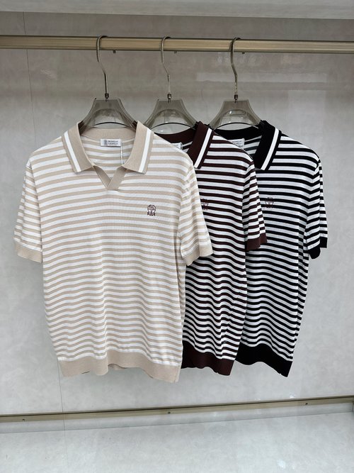 Loewe French V-Neck Striped Knit Short-Sleeve Shirt