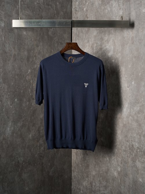 Prada Navy Logo Embroidered Merino Wool Short-Sleeve Sweater