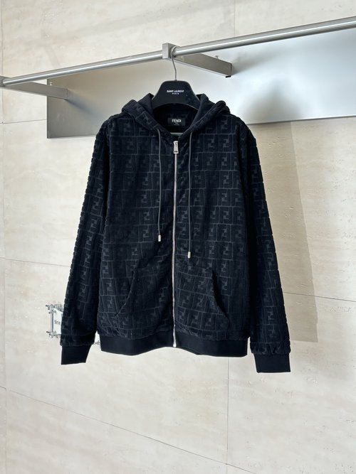 Fendi FF Towel Cotton Hoodie with Zipper and Ribbed Cuffs