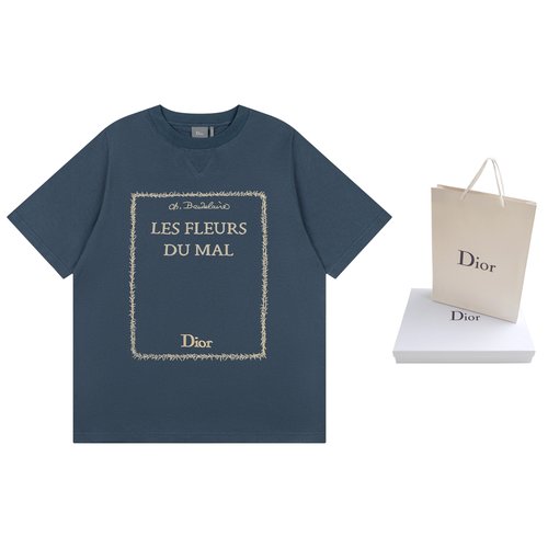 Dior Blue T-Shirt with Flowers of Evil Embroidery