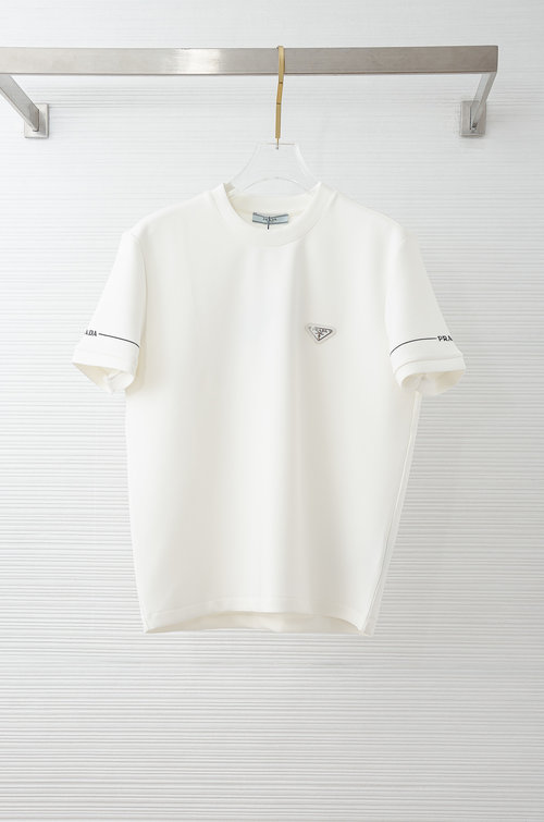 Prada Space Cotton Embroidered Logo Round Neck Short Sleeve